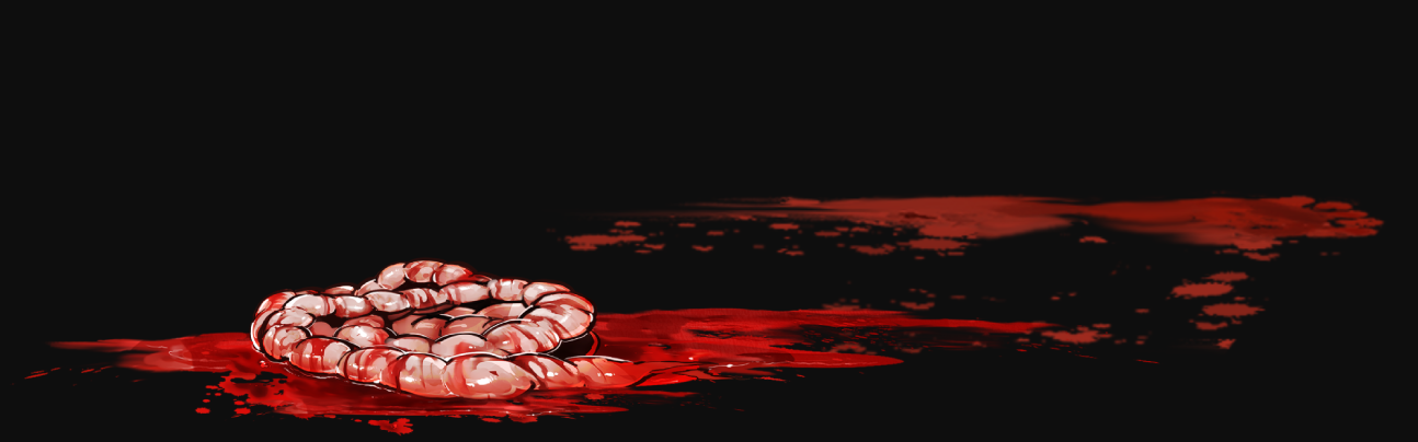 Cartoonish drawing of a smashed in goblin skull in a pool of blood